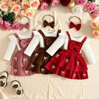European and American Style 0-2 Years Old Baby Girl Autumn and Winter Ribbed Long-Sleeve Romper + Double-Layer Suspender Skirt + Bow Headband Set