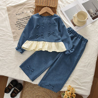 Girls' Spring and Autumn New Outfit: Imitation Denim Long-Sleeve Pullover Top with Bow and Lace Trim and Long Pants Two-Piece Set, Cross-Border Children's Clothing