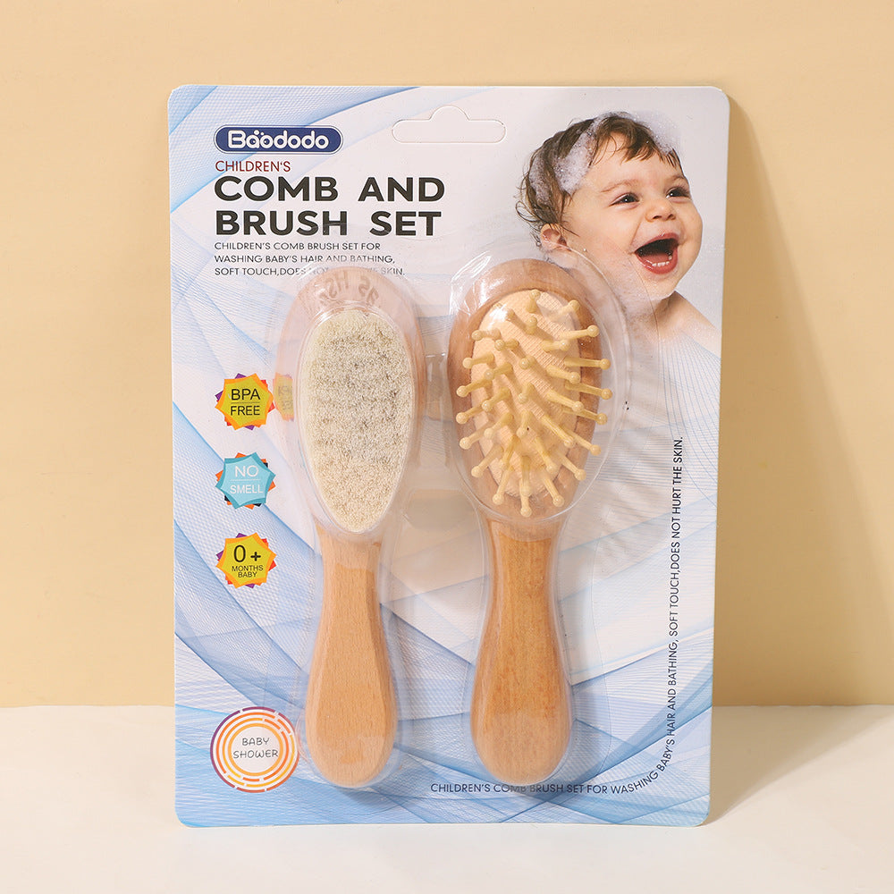 Wool Baby Brush Set Newborn Baby Scalp Cleaning Soft Hair Shampoo Brush Beech Wood Comb Brush Three-Piece Set