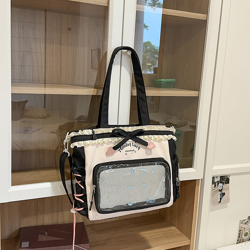 New Style Schoolbag Women's High Color Value Contrast College Style Junior Senior high school Student Backpack Ballet Style Pleated Lace Pain Bag