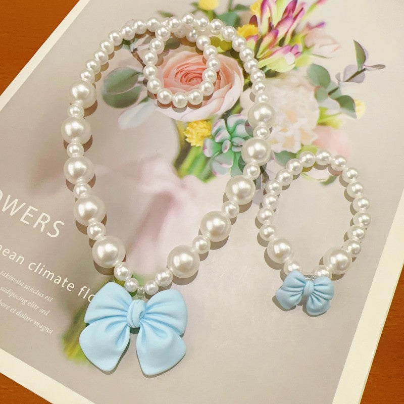 Children's Necklace Set, Cute Bow, Large Pearl Necklace, Bracelet, Ring, Earrings, a Set of Jewelry for Little Girls