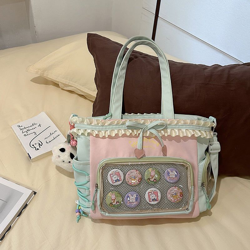 New Style Schoolbag Women's High Color Value Contrast College Style Junior Senior high school Student Backpack Ballet Style Pleated Lace Pain Bag