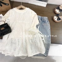 Girls' Base Shirt Spring Dress Little Girl Lace Dress Lace-up Casual Korean Style Baby Stacked Dress Vat Skirt Foreign Trade