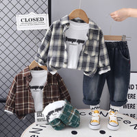 Kids Boys Spring Suit 2025 New Style Plaid Shirt Little Boy Handsome Fashion Pants Three-Piece Set