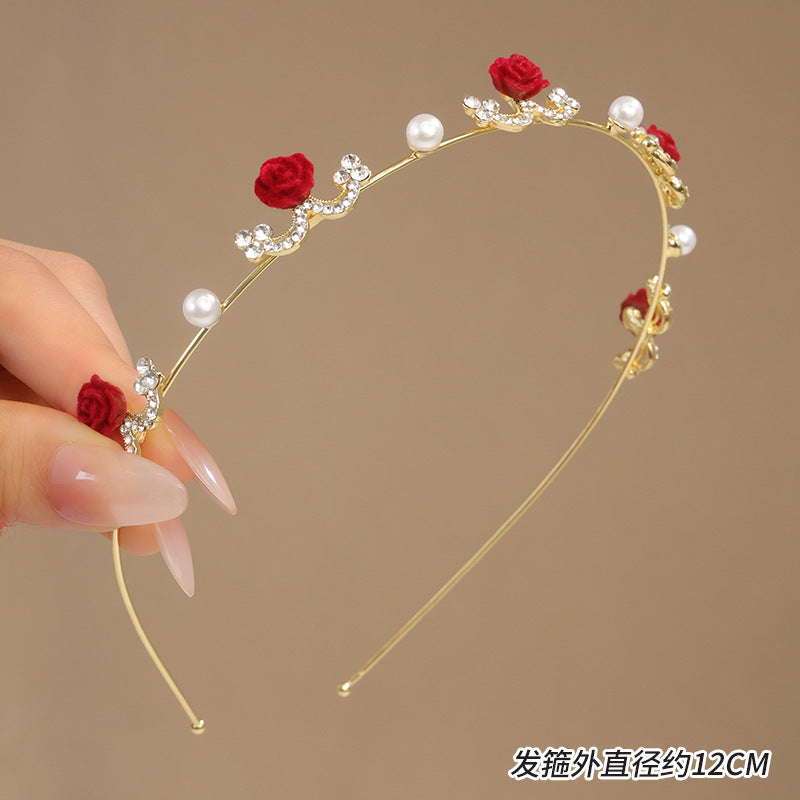 Light Luxury Rose Presspressed Hair Hoop Internet Popular Women's Mori Style Fairy Beauty Pearl Flower Thin Head Hoop Flocking Cheongsam Bridal Headwear