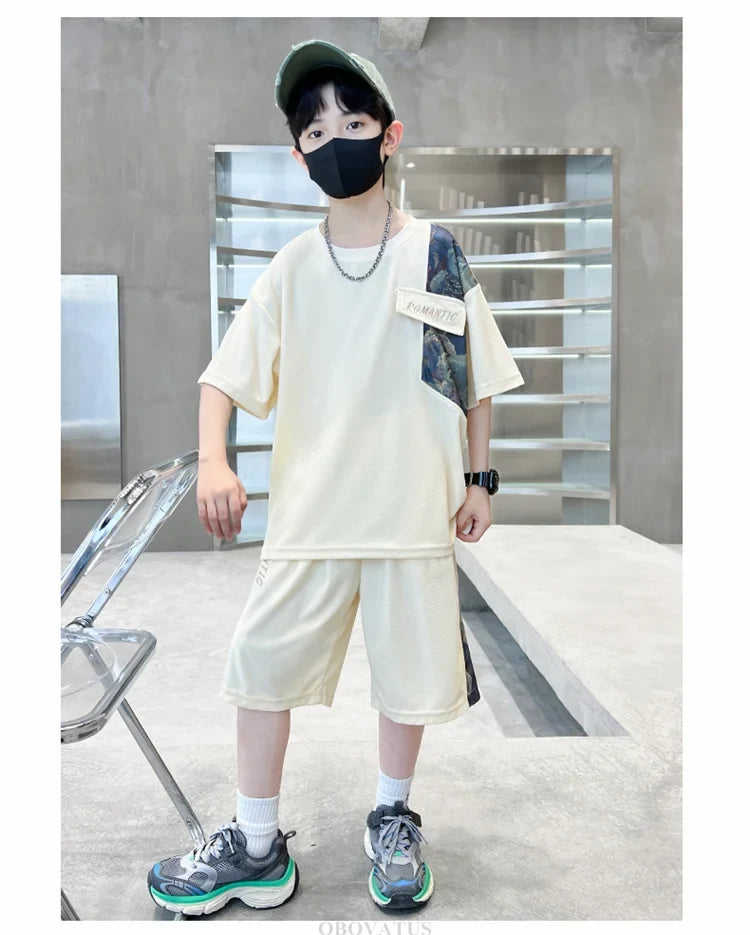 Boys Summer Suit Kids Short Sleeve T-Shirt Sports Casual Outfits for Teenage Boy Clothing Sets With Cartoon Bear - Boys