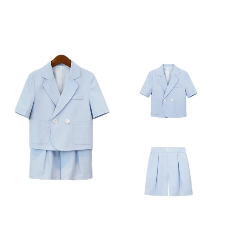 Kids Summer Short-Sleeved Wedding Suit Set Boys Blazer Pants Outfit Children's Piano Host Speech Performance Costume - Boys