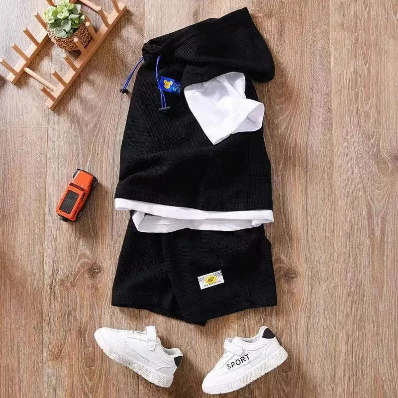 Summer Boy Clothes - Summer Baby Boy Clothes Set Hoodies T-shirts and Shorts Suit Children Girls Waffle Patchwork Top Bottom
