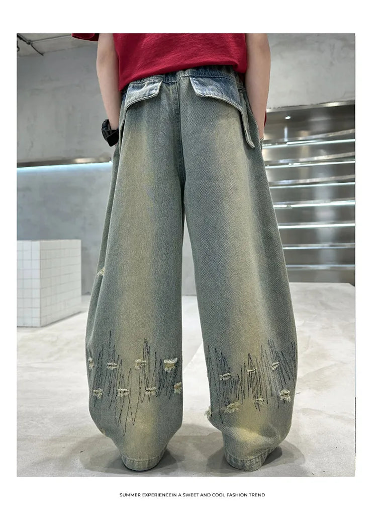 Korean Boy Luxury Hip Hop y2k Baggy Ripped Jeans Kids High Street Fashion Hiphop Rap Dance Denim Pants Child Performance