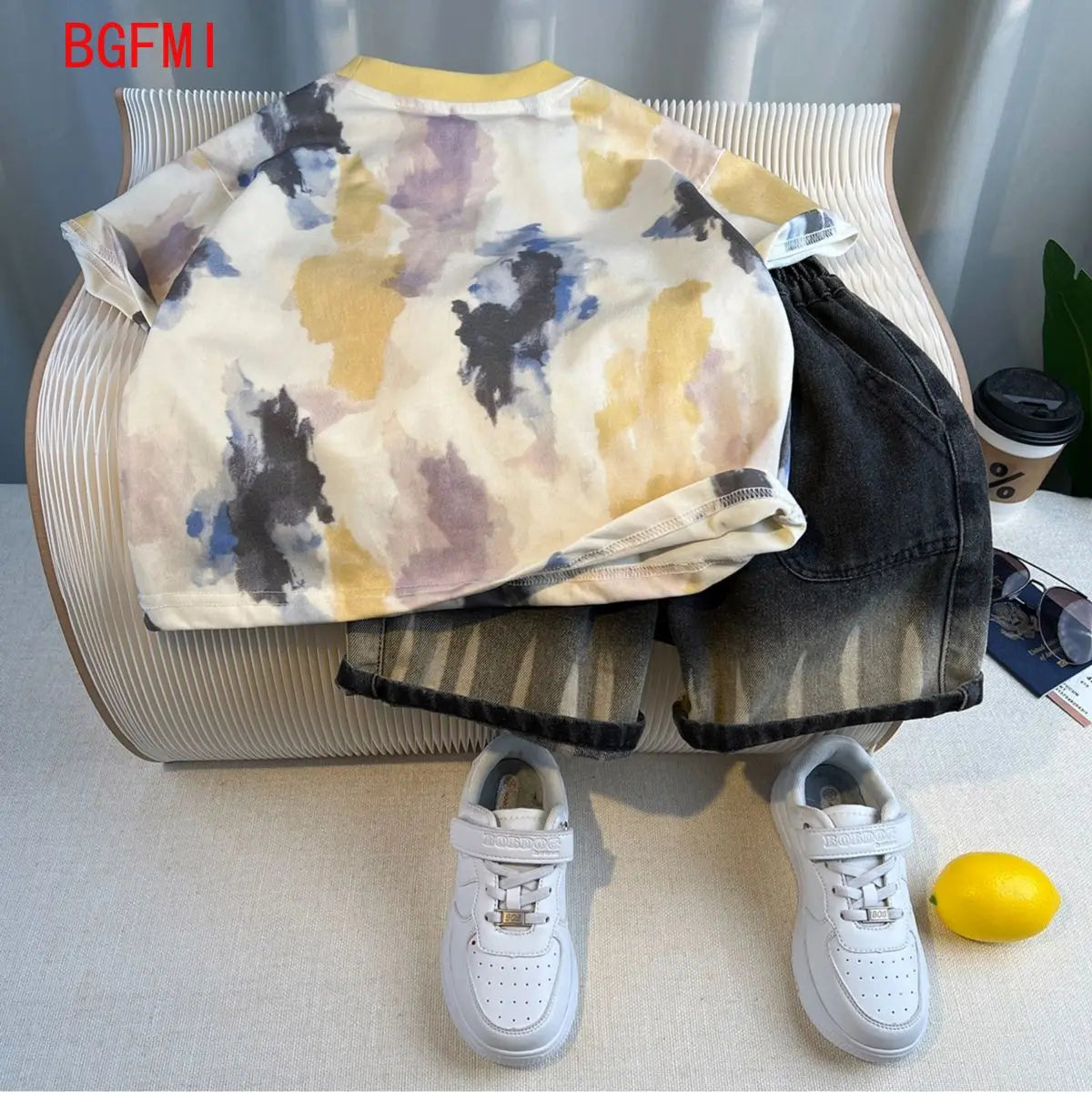 New Boys Fashion Summer Cotton Letter Printing T-shirts+Graffiti Denim Shorts 2pcs Set Kids Korean Outfits Sets Children