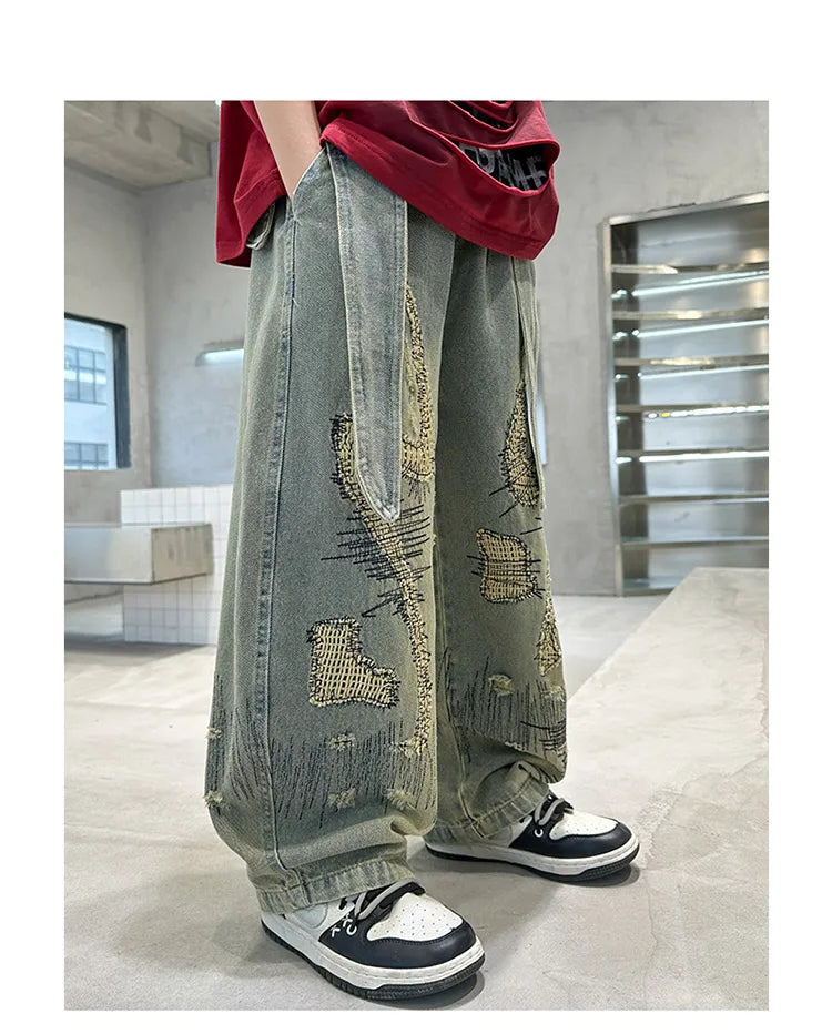 Korean Boy Luxury Hip Hop y2k Baggy Ripped Jeans Kids High Street Fashion Hiphop Rap Dance Denim Pants Child Performance