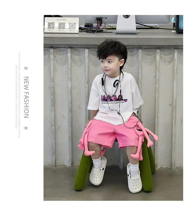 Korean Kids Clothes Boys' Summer Female Child Clothes Children's Printed Cotton Short Sleeved T-shirt Shorts 2piece Sports