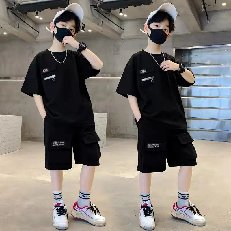 New Boys Sport Clothing Sets Summer Big Kids Loose Clothes Suit Short Sleeve Tops+Shorts 2Pcs Children Fashion Handsome