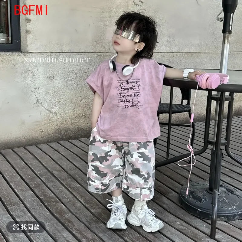 Summer Boys Loose Sleeveless Printed T-Shirt Tops + Hole Shorts Set Child Outfit Handsome Kids Clothes Boys 2-10Y Vest Suit