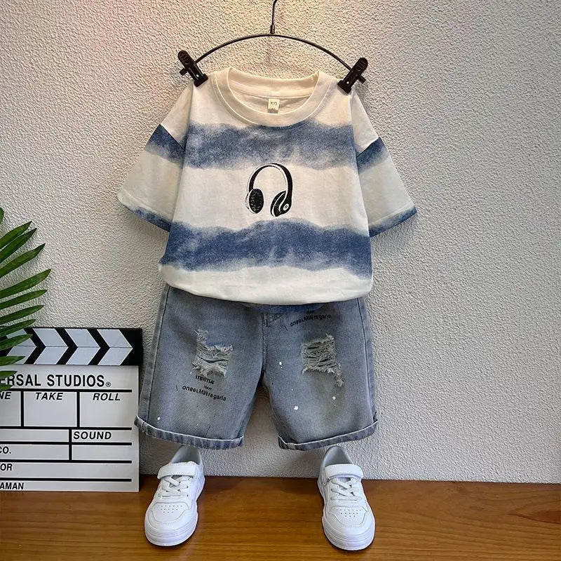 New Boys Sleeveless Vest Denim Shorts 2PC Sets Outdoor Festival Clothing Vintage Print Kids Miracle Design 2-10 Years White