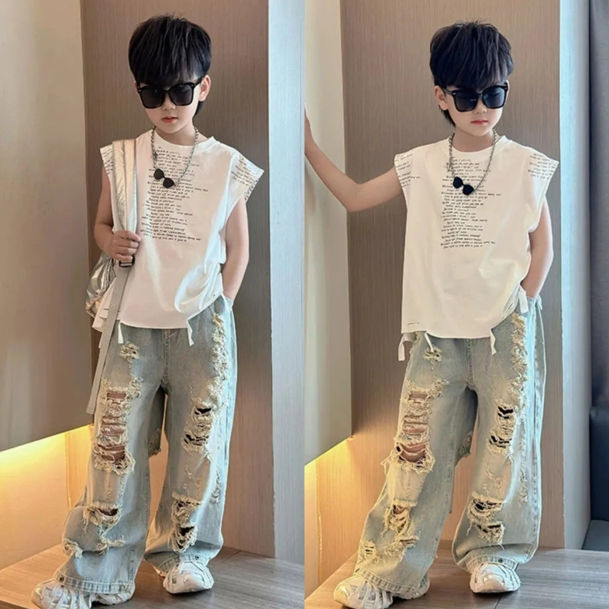 Boys Summer Set - Boys' Summer Set Fashionable New Children's Casual Irregular Hole Jeans+Tank Top T-shirt 2-piece Set