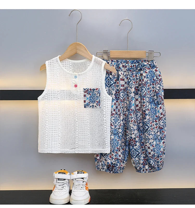 Boys Summer Hollow out Vest Set Breathable Me Svel Long Pants Two Piece Suit Teen Casual Sportswear Cotton Blend orts - Boys