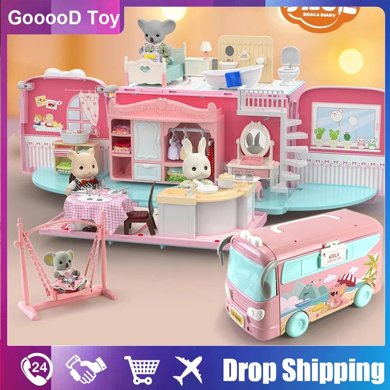 Dollhouse Koala Diary Girl Play House Toy Diy Tour Bus Bedroom Dresser Dining Kitchen Bathroom Pretend Toys Christmas gifts Kids