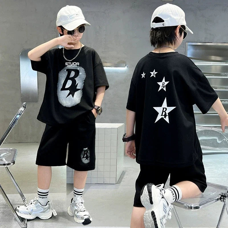 New Summer Teenager Boys Clothing Set Cotton Letter Short Sleeve T-shirt Shorts Years Kids Tracksuits Child Cloth - Boys