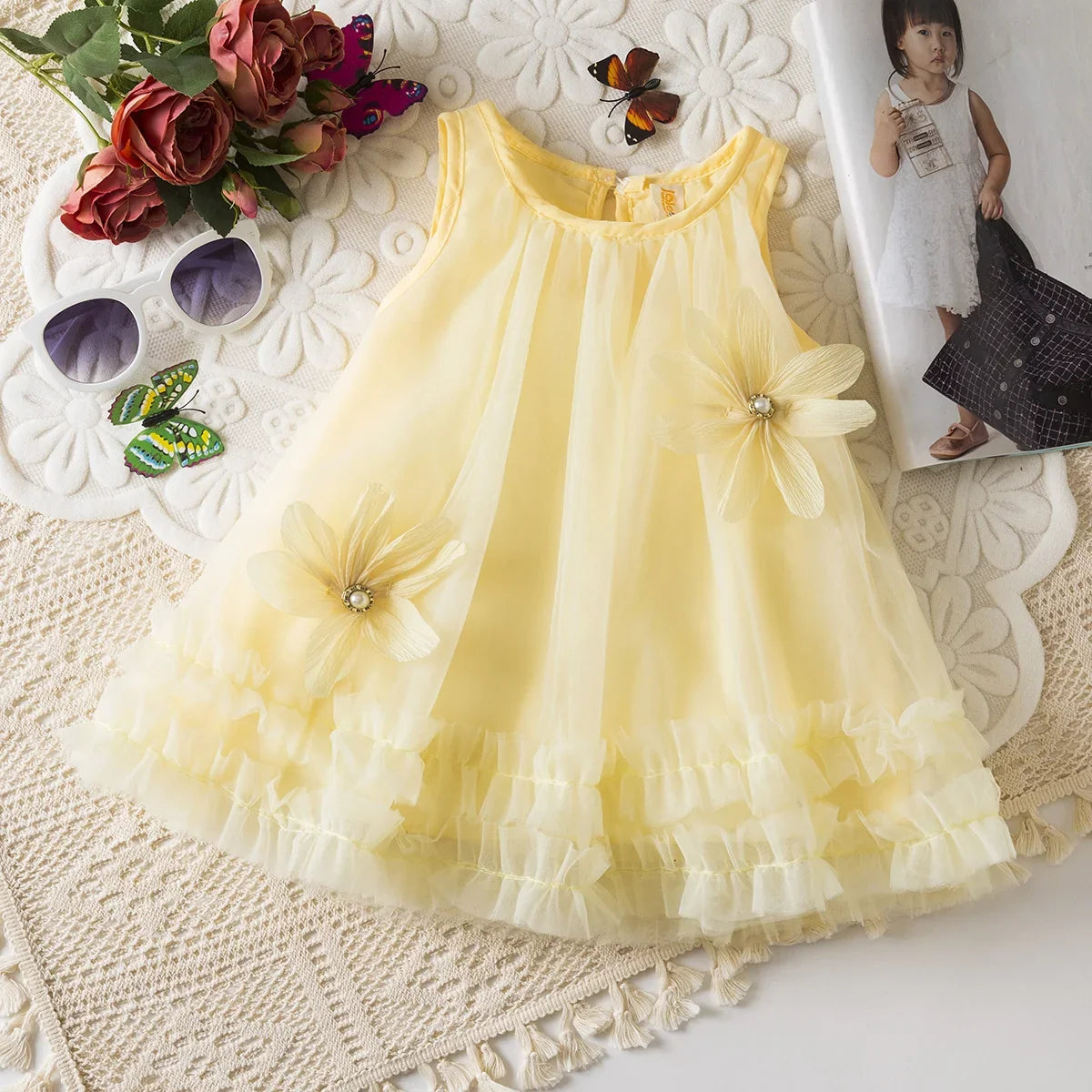 Girl Party Dress Summer New Sleeveless Solid Color Baby Girl Clothing Mesh Pleated Edges 3d Flowers Girl Costume
