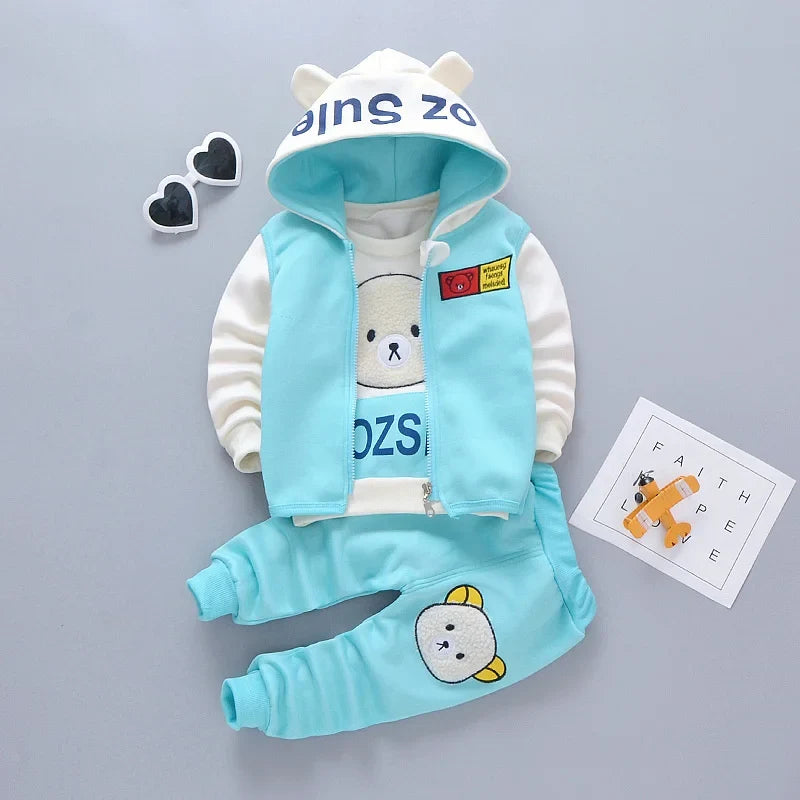 Baby Hooded Tracksuit Set with hooded vest, long sleeve T-shirt, and pants for baby boys and girls