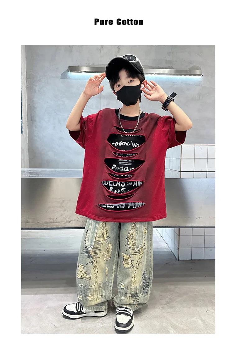 Korean Boy Luxury Hip Hop y2k Baggy Ripped Jeans Kids High Street Fashion Hiphop Rap Dance Denim Pants Child Performance