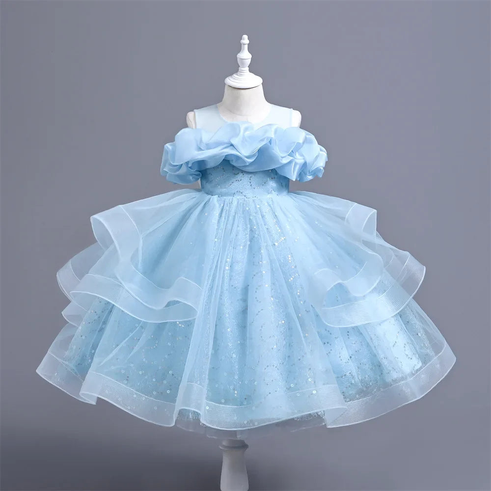 New Girl's Wedding Evening Dress Petal Sequin Mesh Sleeveless Dress Birthday Party School Graduation Party Dress