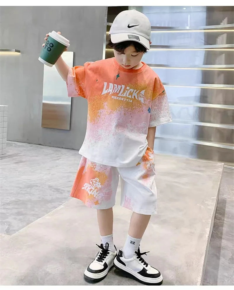 Boys Loose Casual Sets Summer Teen Gradient T-shirts+Shorts 2Pcs Big Kids Sport Short Sleeve Clothes Suits Children Print