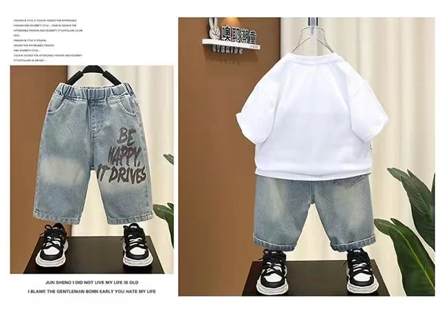 Boys Summer Clothing Set New Handsome Children's Short Sleeved Clothes Trendy Baby T-shirt Jeans Thin Two-piece Set - Boys