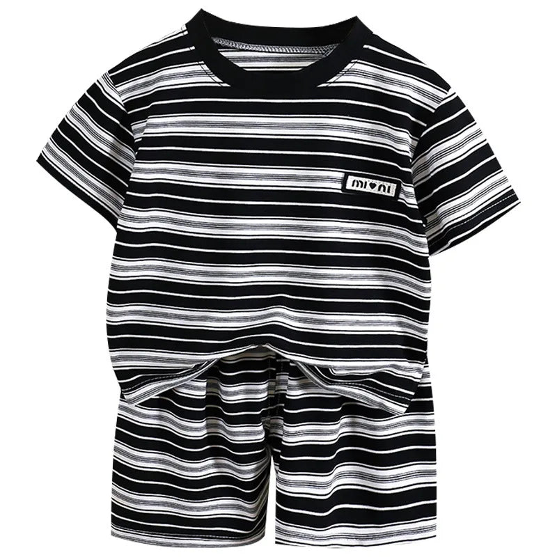 Children Short Sleeve - Children's short-sleeve stripe set, boys' black and white striped summer clothes, boy baby outwear