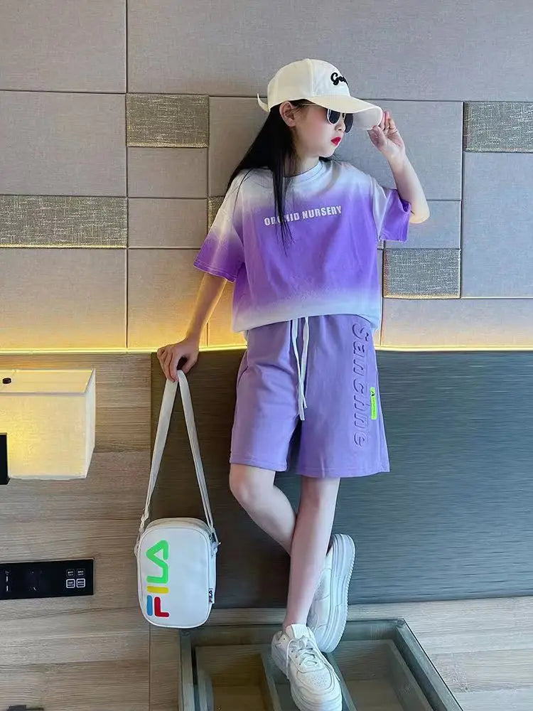 Children Boy Clothes - Children's Boy Clothes Set Summer Gradient Letter T-shirts and Shorts Suit Teenage Short Sleeve Top
