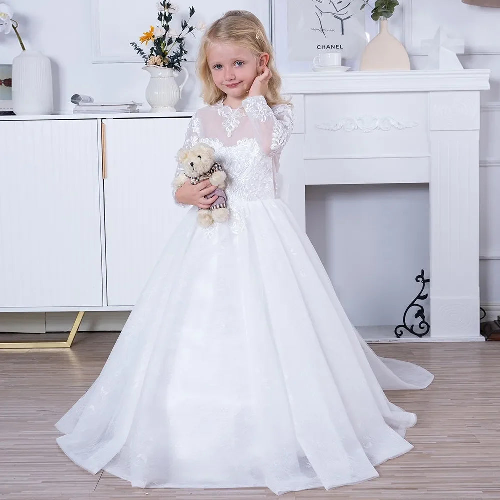 Girl Lace Appliques Princess Wedding Party Flower Girls Dresses Vintage Gown With Bow Kids First Communion Ball Gown