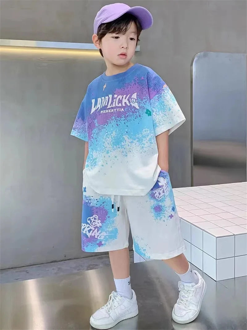 Boys Loose Casual Sets Summer Teen Gradient T-shirts+Shorts 2Pcs Big Kids Sport Short Sleeve Clothes Suits Children Print