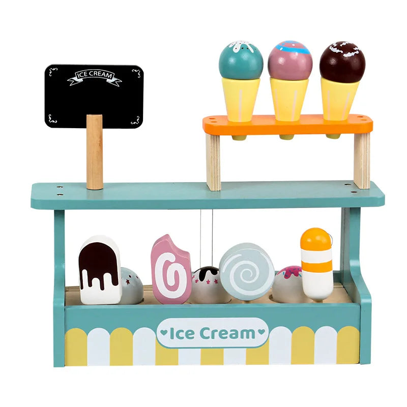 Wooden Pretend Play Kitchen Toys Coffee Machine Mixer Ice Cream Cake Toy Kids Play Food Teapot Cup Tea Set for Boys Girls Gifts
