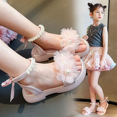 Girls Gladiator Sandals Lace Floral with Pearls Beading Bow-knot on The Back Fashion Princess 2024 Summer New Kids Beach Sandals