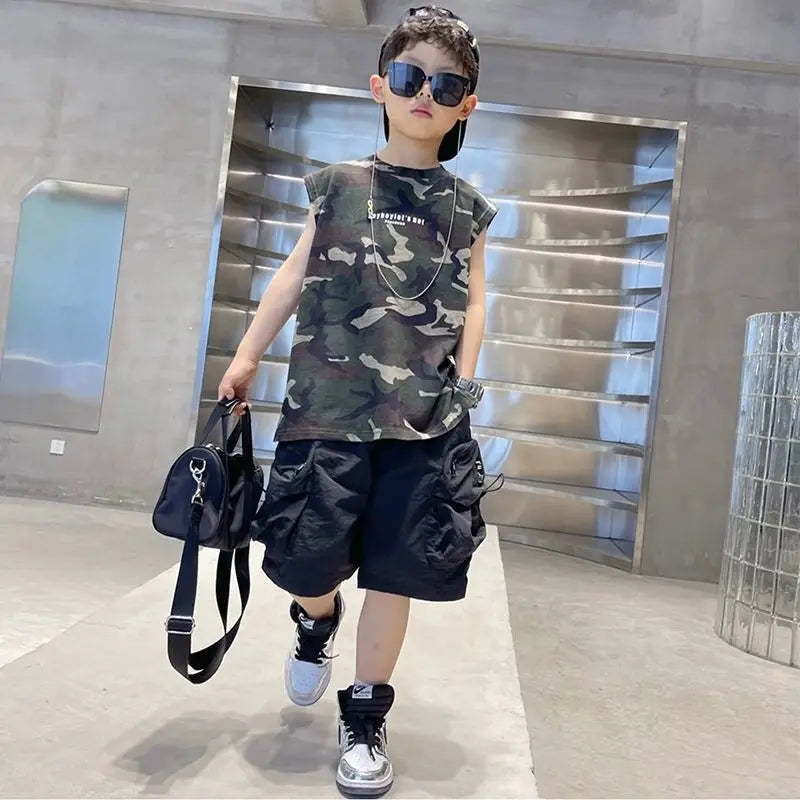 Boys Camouflage Vest Set Summer New Style Children's Sleeveless T-shirt Shorts Two Piece Set - Boys Summer & Party Dresses