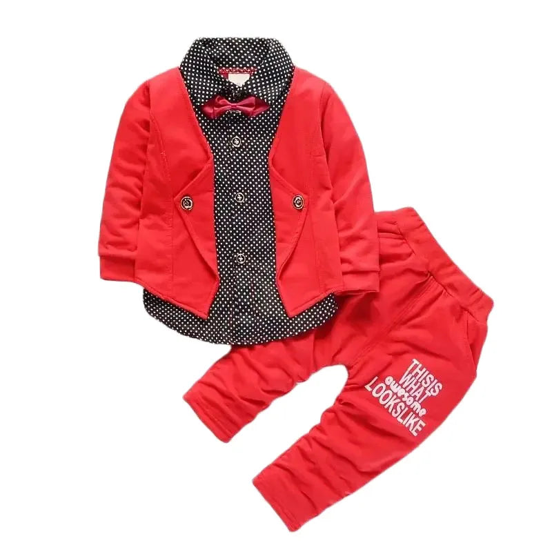 Spring and Autumn New Boys' Dot Colored Bow Knot Long Sleeve Pants Gentleman Two Piece Wedding Flower Children Polo Set for 1-5Y