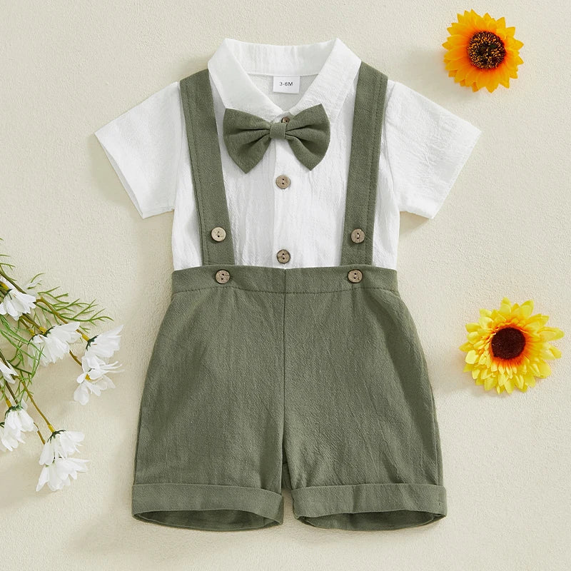 Toddler Boy Gentleman - Toddler Baby Boy Gentleman Outfit Solid Color Short Sleeve Lapel Neck Romper with Suspender Shorts
