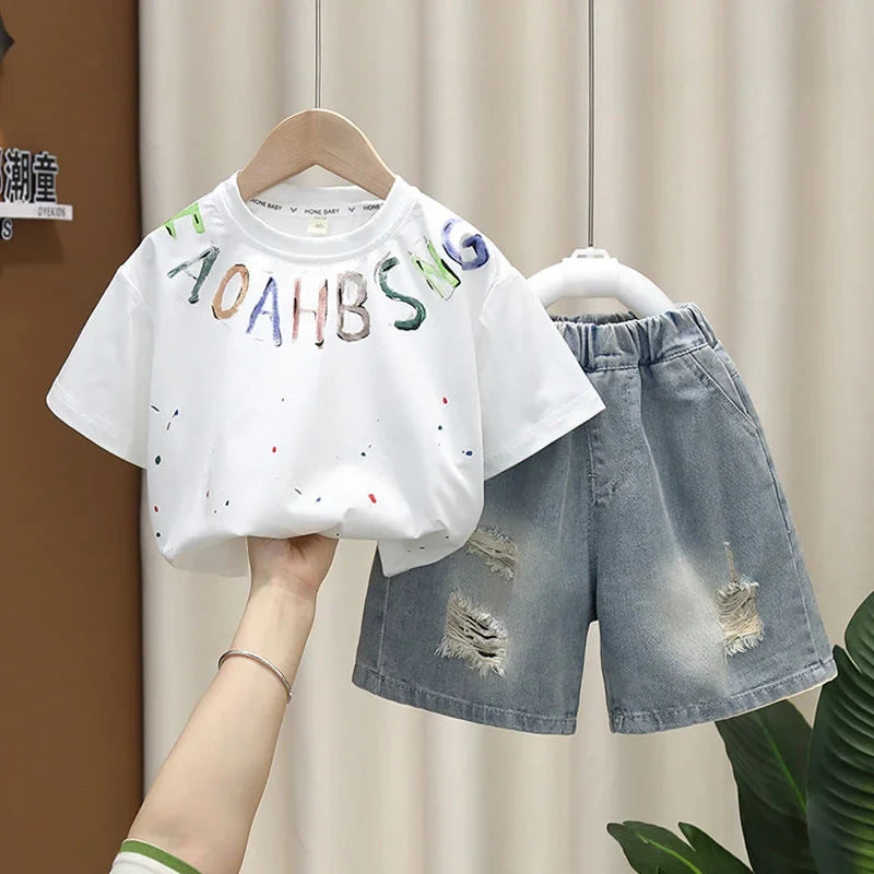 Children Clothing Korean Cotton Short Sleeve Print Shirt+Shorts Set for Toddler Boy Baby Summer Thin Casual Fashion Outfit