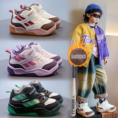 Boys' fleece sports shoes 2025 Winter new style warm children's anti-slip basketball shoes Girls' soft-soled two-cotton shoes