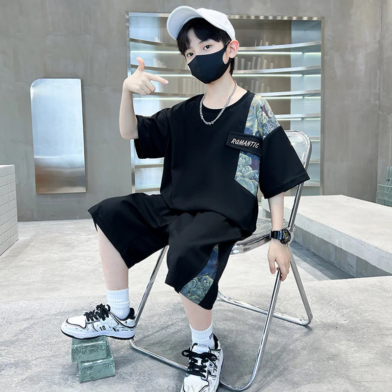 Boys Summer Suit Kids Short Sleeve T-Shirt Sports Casual Outfits for Teenage Boy Clothing Sets With Cartoon Bear - Boys