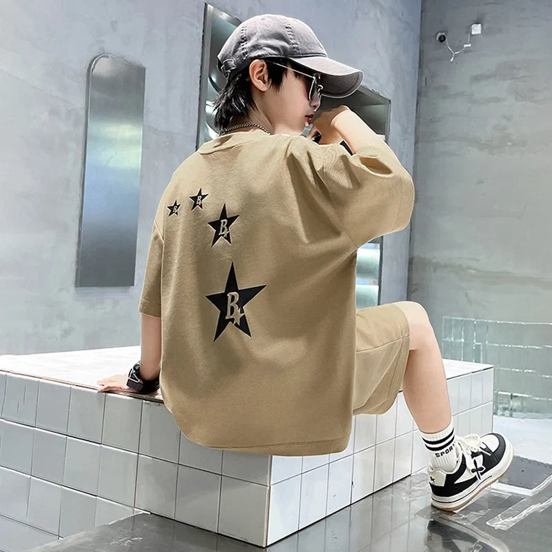 New Summer Teenager Boys Clothing Set Cotton Letter Short Sleeve T-shirt Shorts Years Kids Tracksuits Child Cloth - Boys