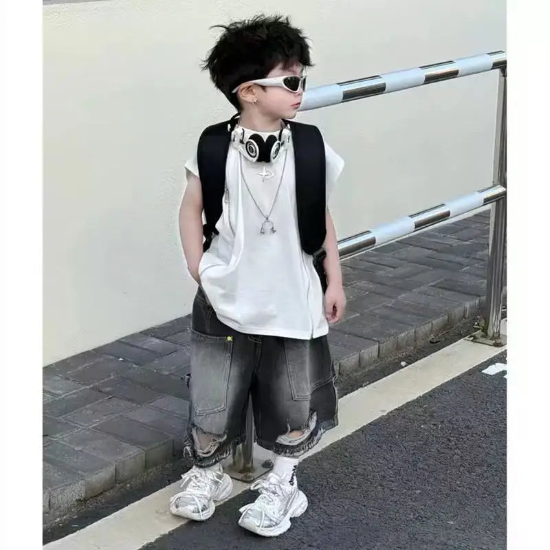 Boy Handsome Korean Version Sleeveless Vest + Retro Ripped Denim Shorts Two-piece Set Children's Casual Loose Set - Boys