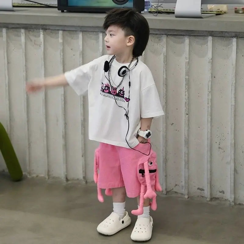 Korean Kids Clothes Boys' Summer Female Child Clothes Children's Printed Cotton Short Sleeved T-shirt Shorts 2piece Sports