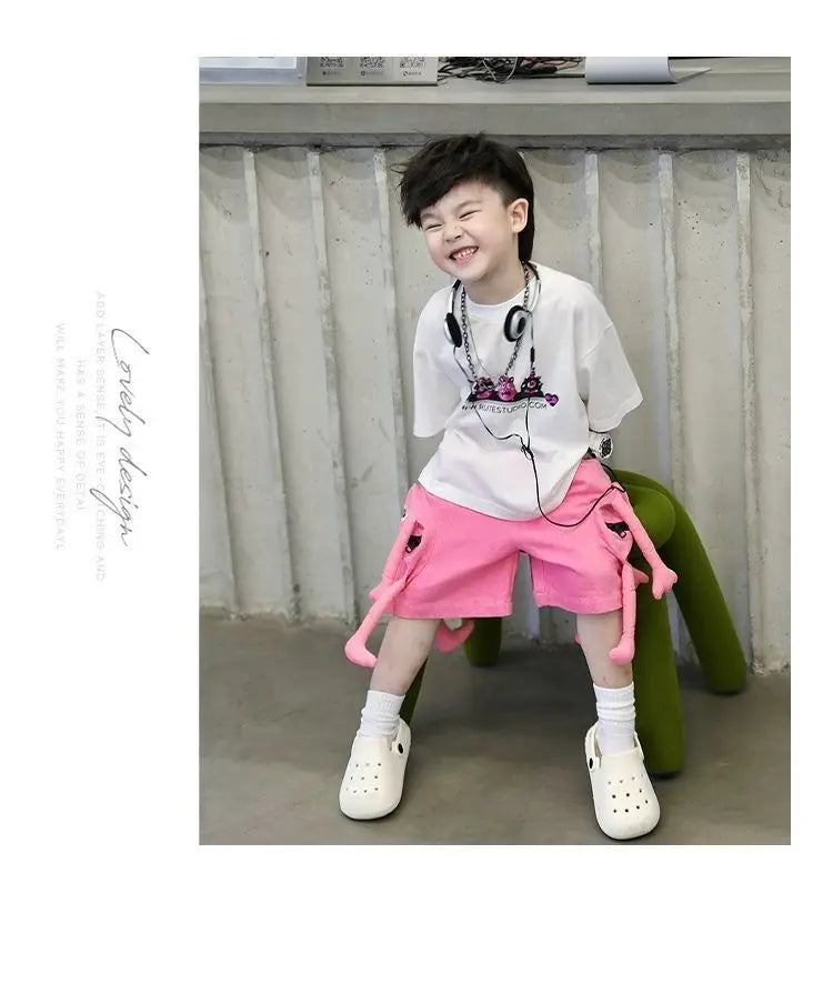 Korean Kids Clothes Boys' Summer Female Child Clothes Children's Printed Cotton Short Sleeved T-shirt Shorts 2piece Sports