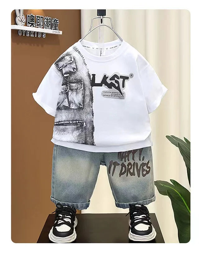Boys Summer Clothing Set New Handsome Children's Short Sleeved Clothes Trendy Baby T-shirt Jeans Thin Two-piece Set - Boys