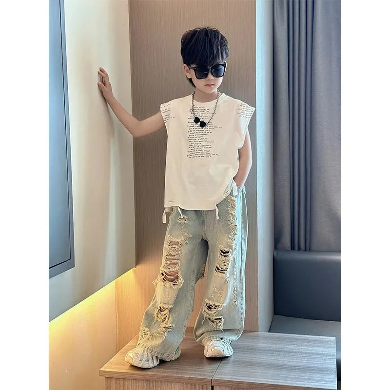 Boys Summer Set - Boys' Summer Set Fashionable New Children's Casual Irregular Hole Jeans+Tank Top T-shirt 2-piece Set
