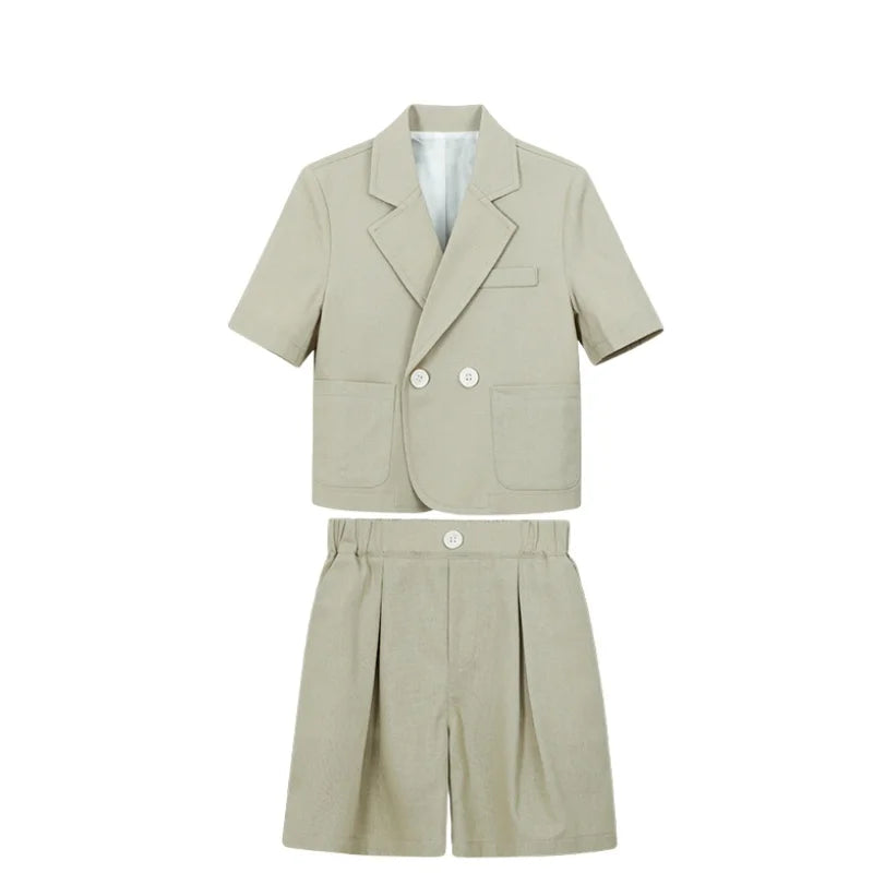 Kids Summer Short-Sleeved Wedding Suit Set Boys Blazer Pants Outfit Children's Piano Host Speech Performance Costume - Boys