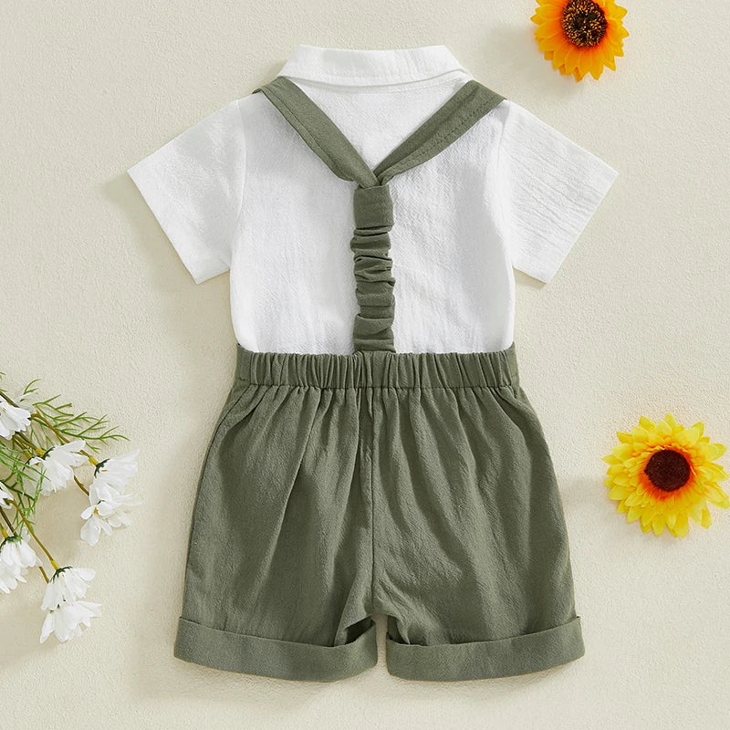 Toddler Boy Gentleman - Toddler Baby Boy Gentleman Outfit Solid Color Short Sleeve Lapel Neck Romper with Suspender Shorts