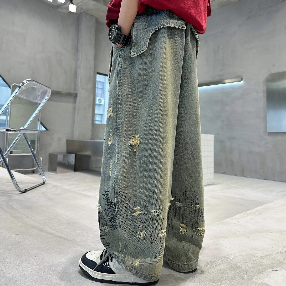 Korean Boy Luxury Hip Hop y2k Baggy Ripped Jeans Kids High Street Fashion Hiphop Rap Dance Denim Pants Child Performance